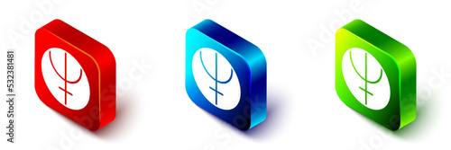 Isometric Neptune planet symbol icon isolated on white background. Astrology, numerology, horoscope, astronomy. Red, blue and green square button. Vector