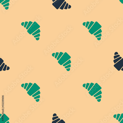 Green and black Croissant icon isolated seamless pattern on beige background. Vector