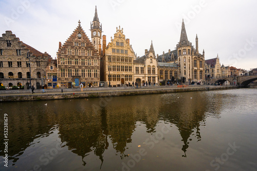 Beautiful view around St Michael's Bridge toward Graslei , Korenlei near Korenmarkt in old town of Ghent during winter : Ghent , Belgium : November 30 , 2019