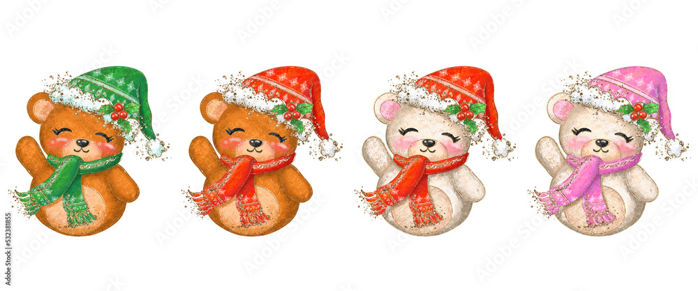 Cute Christmas illustration set of bear. 