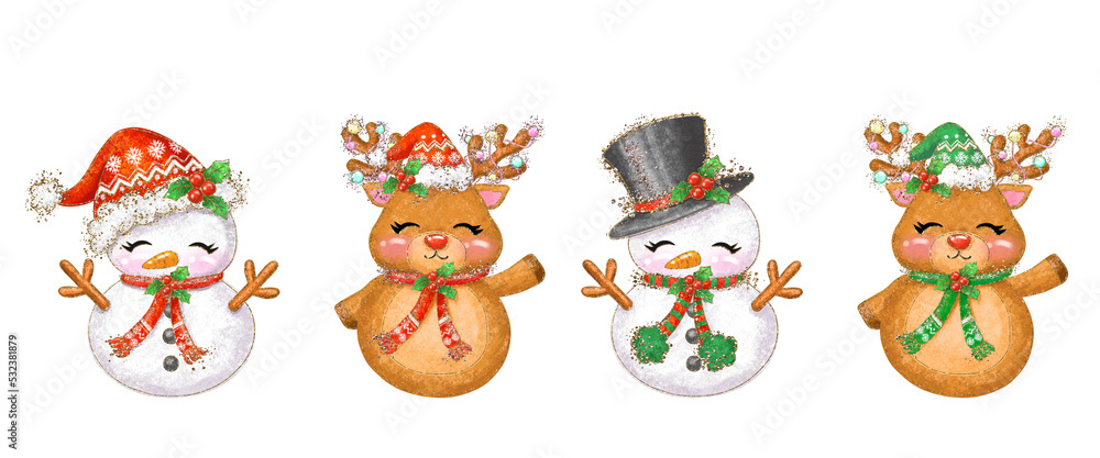 Cute Christmas illustration set of snowman and reindeer.

