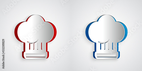 Paper cut Chef hat icon isolated on grey background. Cooking symbol. Cooks hat. Paper art style. Vector