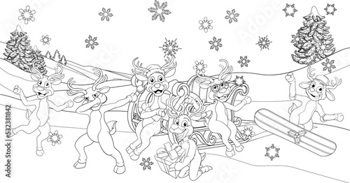 santa reindeer sled colorin...