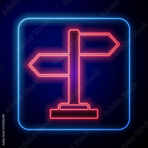 Glowing neon Road traffic sign. Signpost icon isolated on black background. Pointer symbol. Isolated street information sign. Direction sign. Vector
