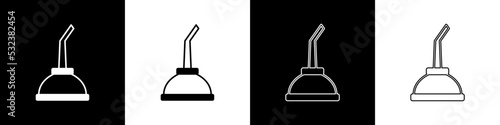 Set Canister for motor machine oil icon isolated on black and white background. Oil gallon. Oil change service and repair. Vector