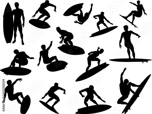 A set of high quality detailed silhouettes of a surfer surfing the waves on his surfboard