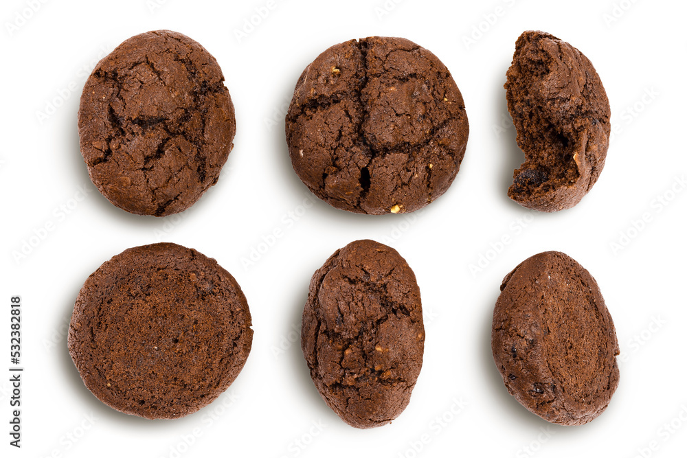 chocolate cookies broken isolated on white background with full depth of field. Top view. Flat lay chocolate cookies broken isolated on white background with full depth of field. Top view. Flat lay