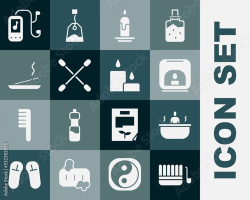 Set Sauna bucket and ladle, Bathtub, Aroma lamp, Burning candle, Cotton swab for ears, Scented spa stick, Music player and icon. Vector