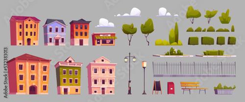 City elements, street constructor isolated set. Urban architecture design objects. Cartoon houses, street lamps, green trees, clouds, litter bin, bench, fence, menu chalkboard, Vector illustration