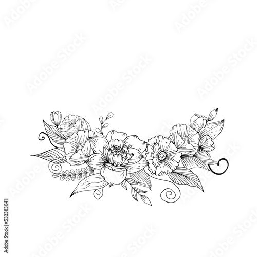 VinVintage floral bouquet of flowers, botanical set of flowers, leaves, grass, berries and decor. Hand drawing. Floral invitations, cards for weddings, anniversaries, holtage floral bouquet of flowers photo