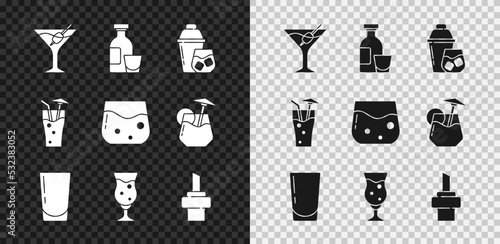 Set Martini glass, Alcohol drink Rum, Cocktail shaker, Glass with water, of beer, Wooden cork for wine, and whiskey icon. Vector