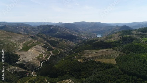 Aerial view of the Terraced Vneyards in the Douro River Valley, Portugal, 4k. Stunning Nature Landscape. Tourist Atraction. Travel Destination. Unesco photo