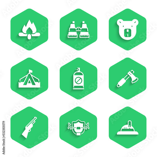 Set Spray against insects, Deer antlers on shield, Hunter hat, Wooden axe, Hunting gun, Tourist tent, Bear head and Campfire icon. Vector