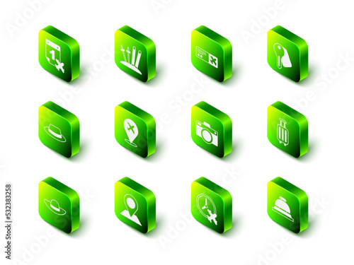Set Ski and sticks, Airline ticket, Hotel door lock key, Suitcase, service bell, Photo camera, Clock with airplane and Location icon. Vector