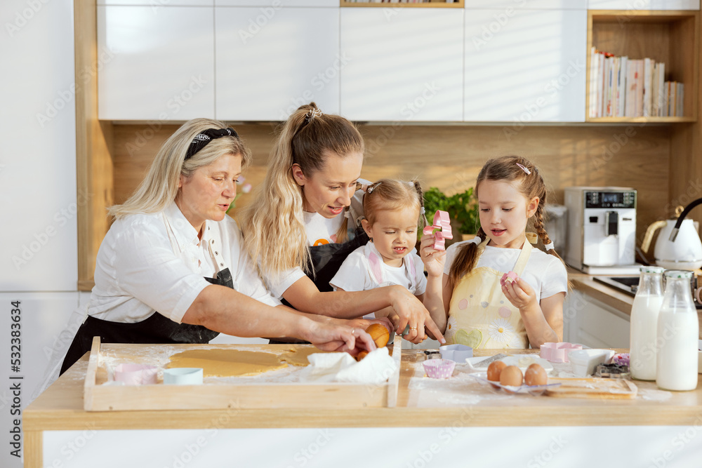Satisfied mother holding preschooler daughter showing cookies cutters. Older daughter holding in arms cookie cutters watching. Elderly grandmother rolling out dough with rolling pin in hands. Satisfied mother holding preschooler daughter showing cookies cutters. Older daughter holding in arms cookie cutters watching. Elderly grandmother rolling out dough with rolling pin in hands.