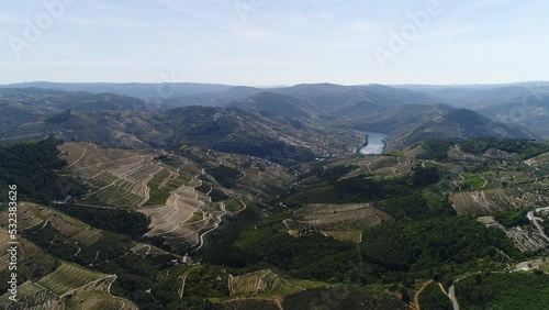 Aerial view of the Terraced Vneyards in the Douro River Valley, Portugal, 4k. Stunning Nature Landscape. Tourist Atraction. Travel Destination. Unesco photo