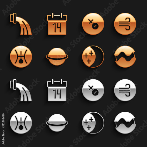 Set Planet Saturn, Windy weather, Eclipse of sun, Symbol Uranus, Venus symbol, Aquarius zodiac and Calendar icon. Vector