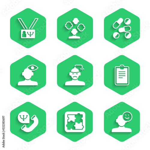 Set Concussion, headache, Solution problem in psychology, Good mood, Psychological test, Online psychological counseling, Medicine pill or tablet and Psychology icon. Vector
