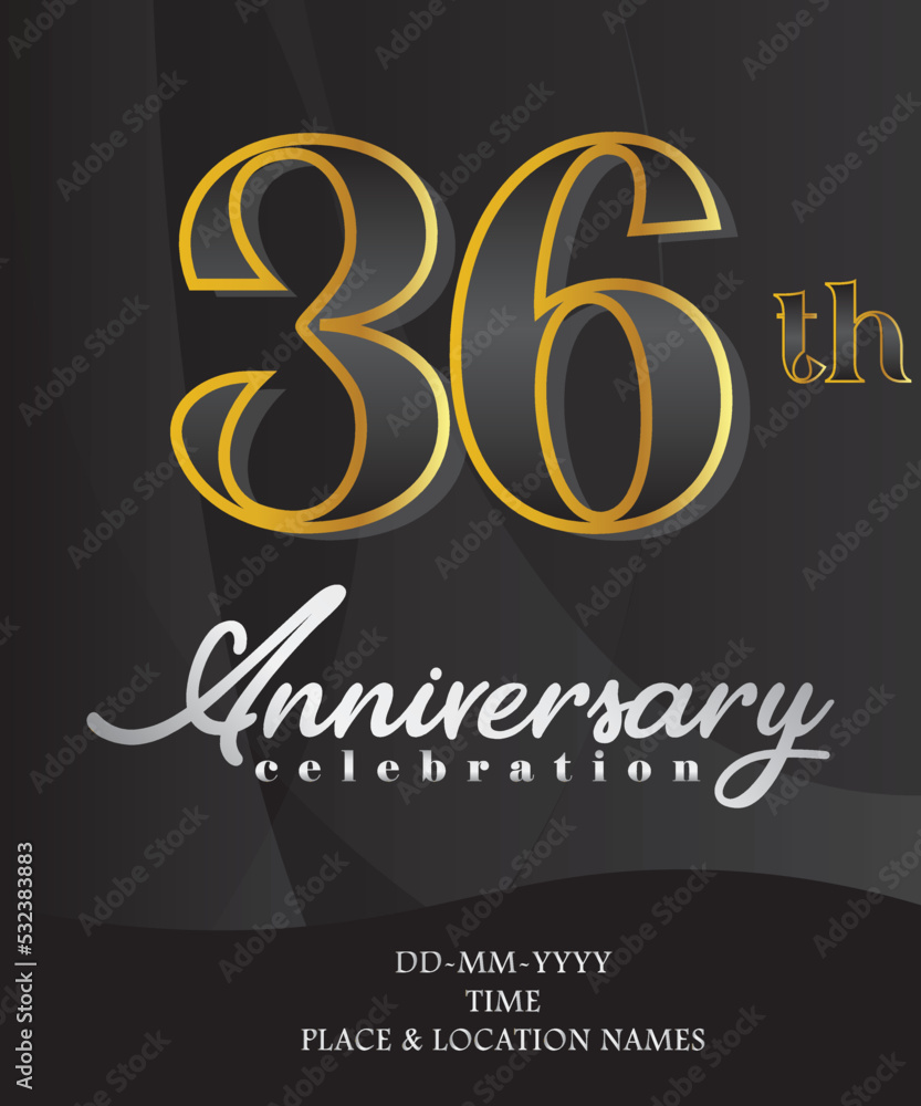 36th Anniversary Invitation and Greeting Card Design, Golden and Silver Coloured, Elegant Design, Isolated on Black Background. Vector illustration. 36th Anniversary Invitation and Greeting Card Design, Golden and Silver Coloured, Elegant Design, Isolated on Black Background. Vector illustration.