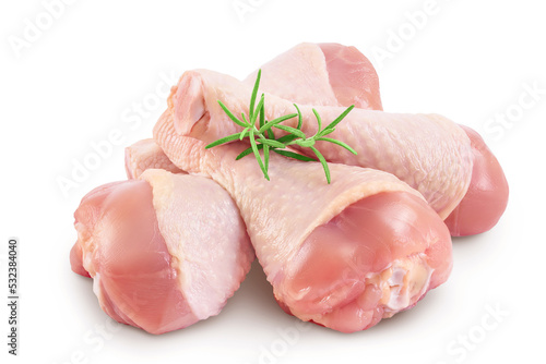 Raw chicken leg or drumstick isolated on white background with full depth of field