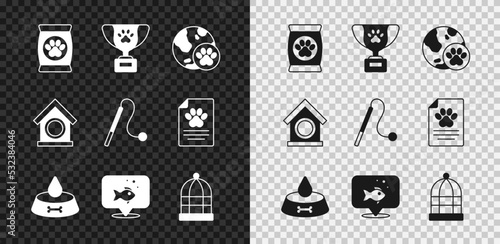 Set Bag of food for pet, Pet award symbol, World, bowl cat dog, Fish, Cage birds, Dog house and toy icon. Vector