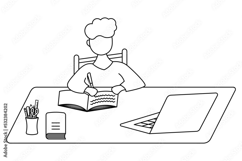 The student is learning online. Sketch. The boy sits at the table and writes in a notebook with a pen in front of a laptop. Nearby is a textbook and stationery. Vector illustration. Coloring book