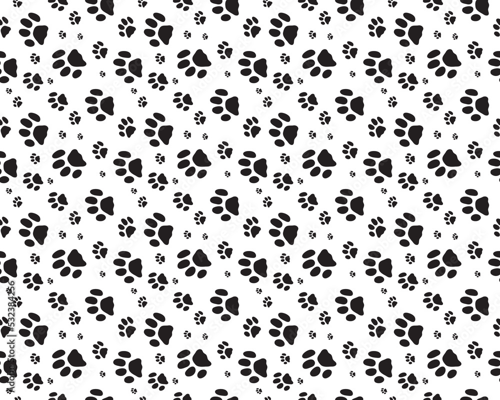 Seamless pattern with print of dogs paws on a white background	