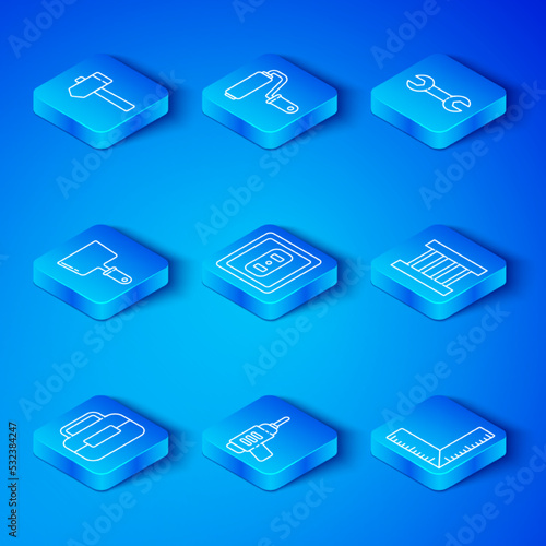 Set line Toolbox, Electrical outlet, drill machine, Wooden staircase, Wrench spanner, Putty knife, Hammer and Corner ruler icon. Vector