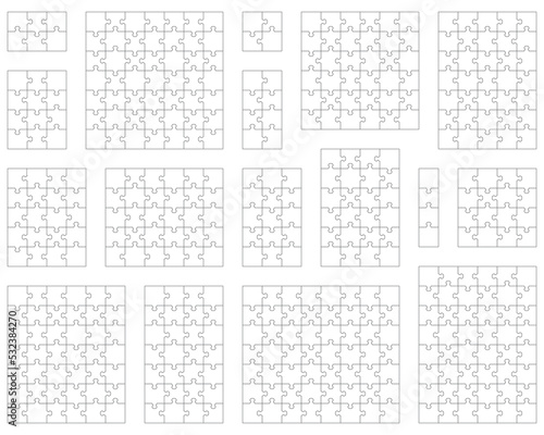 Illustration of seventeen white puzzles, separate pieces	