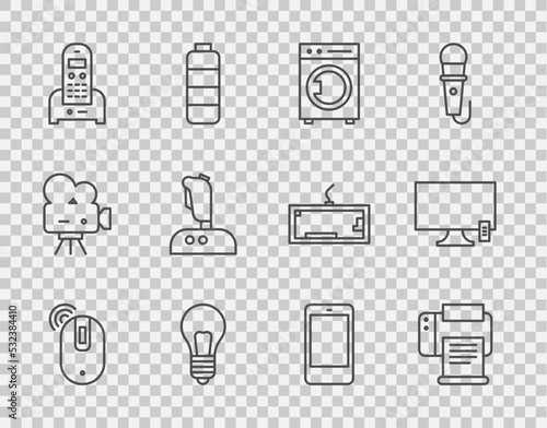 Set line Wireless computer mouse, Printer, Washer, Light bulb with concept of idea, Telephone, Joystick for arcade machine, Smartphone, mobile and Tv icon. Vector