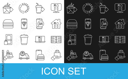Set line Online ordering and delivery, Restaurant cafe menu, Coffee cup to go, Food pizza, Burger, noodles and icon. Vector