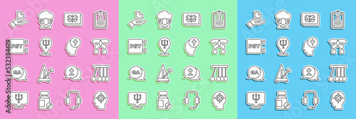 Set line Finding a problem, Pendulum, Question mark, Rorschach test, Psychology, Psi, Solution to the and Man graves funeral sorrow icon. Vector