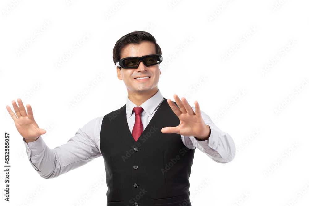 Businessman in a suit with virtual reality VR glasses hand touching virtual global internet connection metaverse on his head isolated on white background. Businessman in a suit with virtual reality VR glasses hand touching virtual global internet connection metaverse on his head isolated on white background.