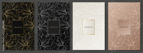 Elegant cover set with lily. Floral pattern, gold and silver flower motif on black, platinum and delicate pink background. Vector pattern for weddings, luxury events, invitation, fashion and beauty