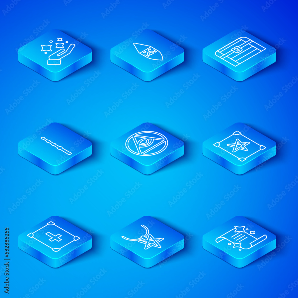 © Vadim - Set line Ancient magic book, Masons, Pentagram necklace, Antique treasure chest, Magic wand, Sparkle stars with trick and icon. Vector