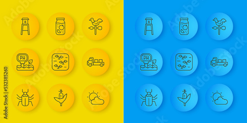 Set line Insect fly, Soil ph testing, Plant, Sun and cloud weather, Pickup truck, Water tower, Rooster vane and Jam jar icon. Vector