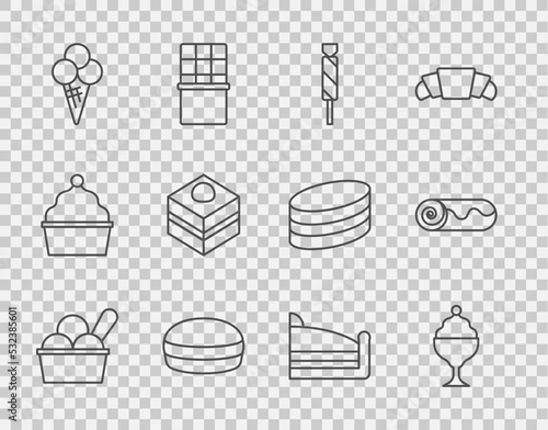 Set line Ice cream in bowl, Candy, Macaron cookie, waffle cone, Brownie chocolate cake, Piece of and Chocolate roll icon. Vector