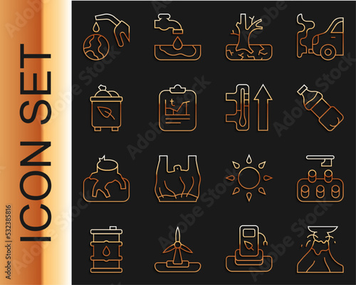 Set line Volcano eruption with lava, Deforestation, Bottle of water, Withered tree, Global warming, Recycle bin recycle, Gas pump nozzle and globe and icon. Vector