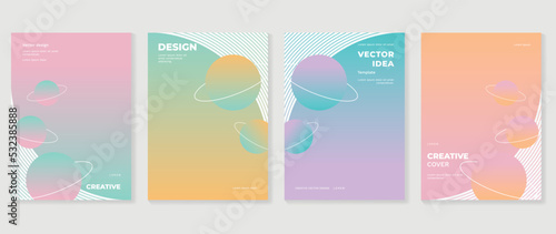 Abstract vibrant gradient background vector. Minimalist style cover template with star  planet  line  pastel color  circle. Modern wallpaper design for poster  flyer  decorative  card  prints.