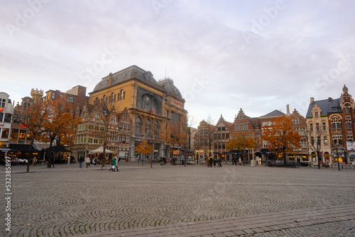 Vrijdagmarkt city square near Langemunt in the historic center of Ghent old town during winter evening : Ghent , Belgium : November 30 , 2019