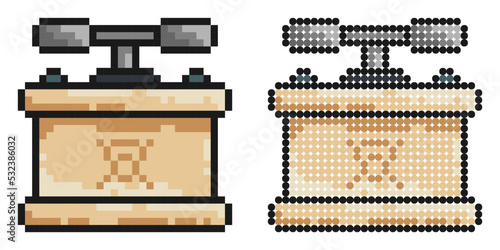 Pixel icon. Box with handles for detonating dynamite charge at mining site. Equipment for pyrotechnics. Simple retro game vector isolated on white background