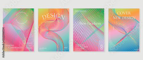 Abstract vibrant gradient line background vector. Futuristic style cover template with line distortion, wave, curved lines, rainbow. Modern wallpaper design for poster, flyer, brochure, card, decor.