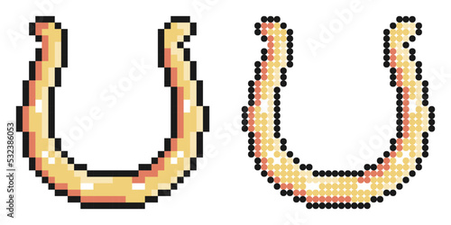 Pixel icon. Metal horseshoe for horse. Symbol of good luck and happiness in culture. Simple retro game vector isolated on white background