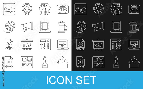 Set line Sleeveless T-shirt, Video recorder on laptop, Camera roll cartridge, VFX, Megaphone, Film reel, Music wave equalizer and Makeup mirror with lights icon. Vector