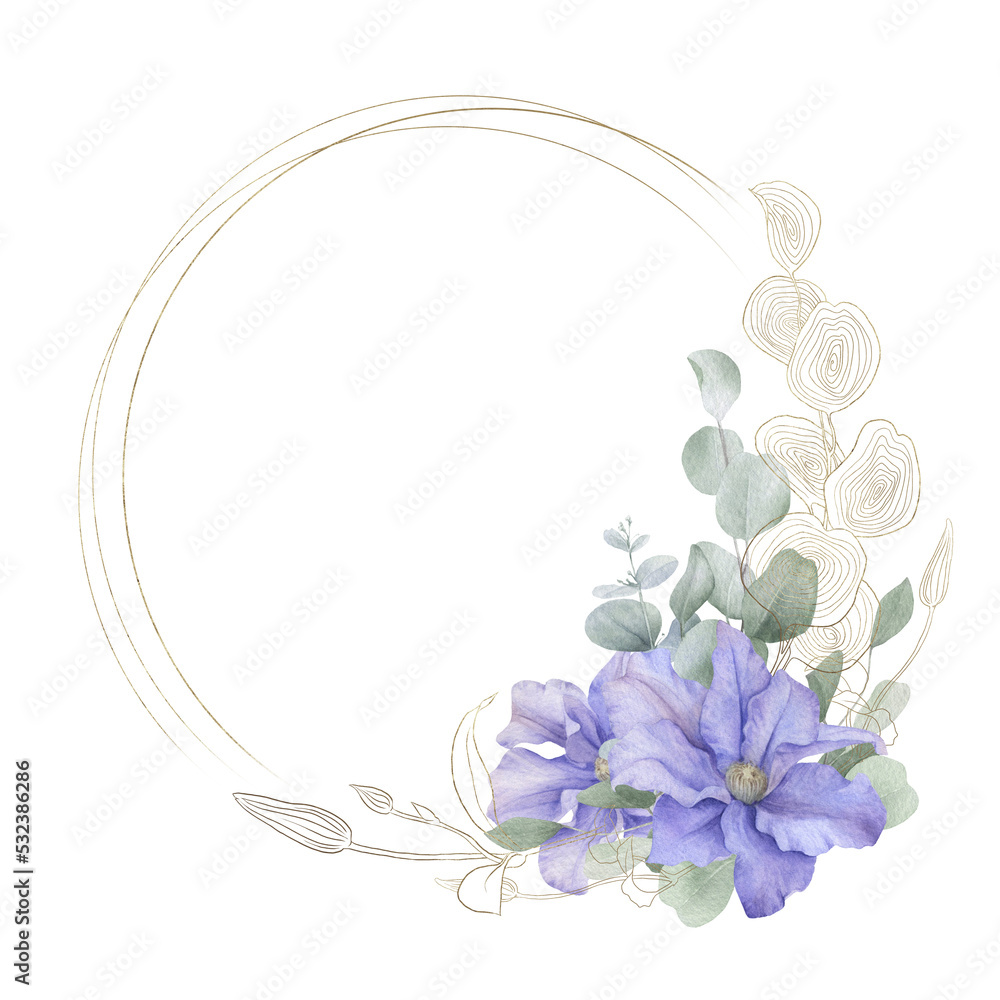 A round golden frame with blue clematis, buds, leaves, green and linear gold eucalyptus branches hand drawn in watercolor isolated on a white background. Watercolor illustration.
