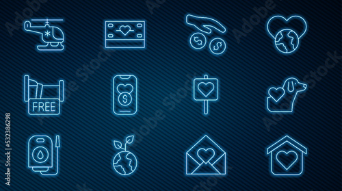 Set line Shelter for homeless, Heart with dog, Donation and charity, Free overnight stay house, Rescue helicopter, Location heart and icon. Vector