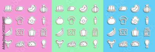 Set line Chicken leg, aper package for milk, Hot chili pepper, Steak meat, Mushroom, Tomato, Jelly cake and Scrambled egg icon. Vector photo