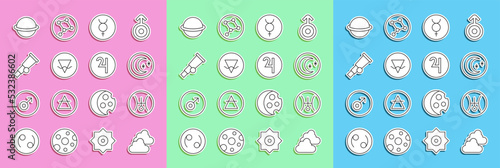 Set line Cloudy weather, Symbol Uranus, Moon and stars, Mercury, Earth element, Telescope, Planet Saturn and Jupiter icon. Vector
