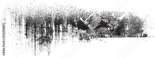 Glitch distorted grunge layer  . Noise destroyed texture . Trendy defect error shapes . Overlay grunge texture . Distressed effect .Vector shapes with a halftone dots screen print texture.
