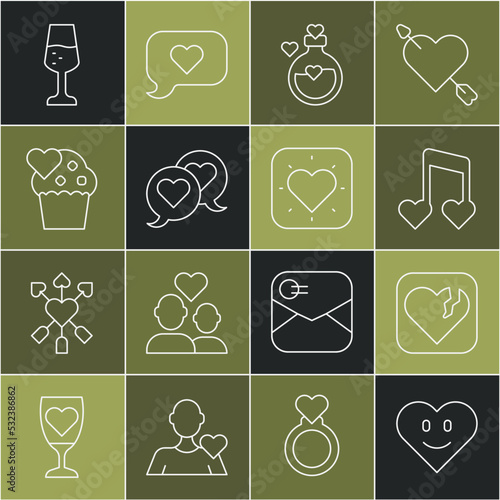 Set line Heart, Broken heart or divorce, Music note, tone with hearts, Bottle love potion, in speech bubble, Wedding cake, Glass of champagne and icon. Vector